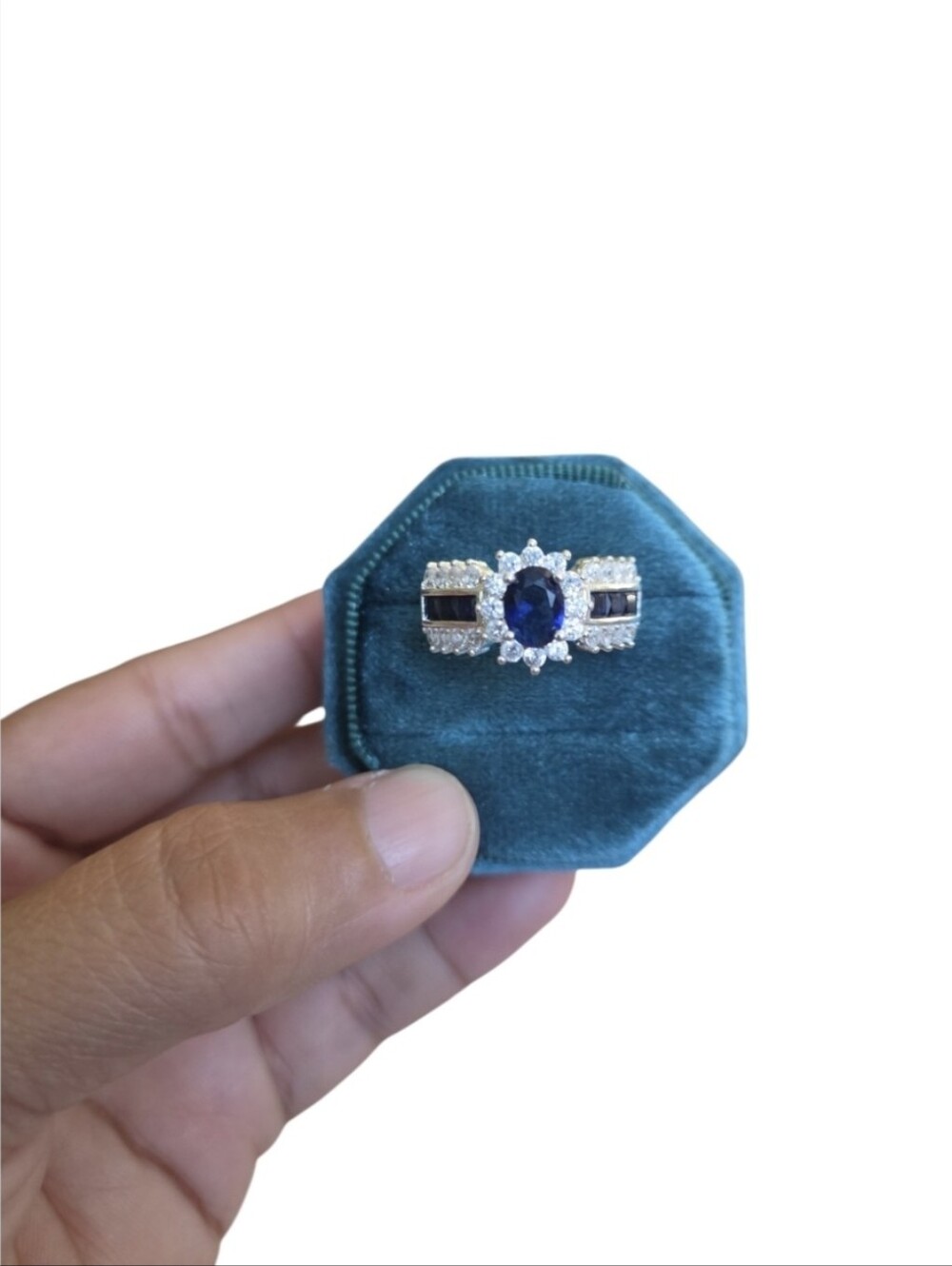 Vintage Size 8 925 Silver Tone Blue Sapphire & Cubic Zirconia Accent Ring
